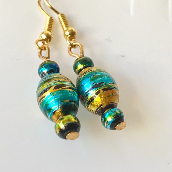 Blue Amber Murano Glass Earrings Bead Hand Painted Round Gold Plated - Picture 8 of 8